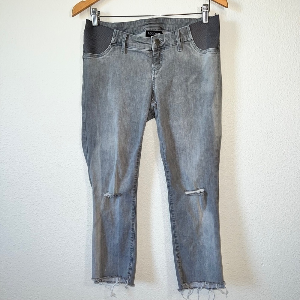 Indigo Blue Gray Denim Raw Hem Low Rise Under Belly Maternity Jeans Size Small